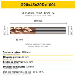 Frez VERSAMILL TiSiN Z4 Ø20x45x20Dx100L — wymiary wariantu