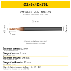 VERSAMILL TiSiN Z4 end mill Ø2x6x4Dx75L — variant dimensions