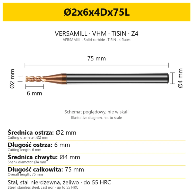 Frez VERSAMILL TiSiN Z4 Ø2x6x4Dx75L — wymiary wariantu