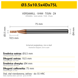 Frez VERSAMILL TiSiN Z4 Ø3.5x10.5x4Dx75L — wymiary wariantu