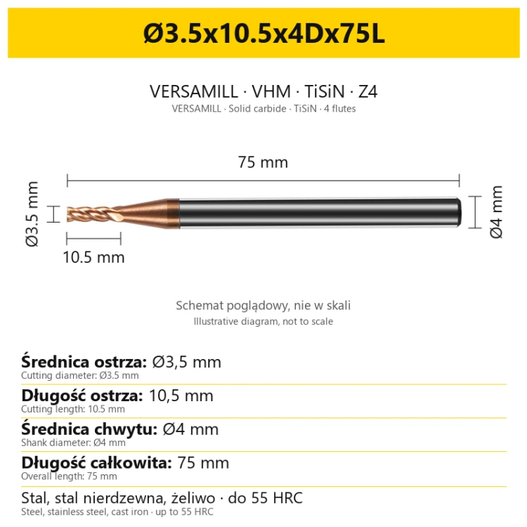 VERSAMILL TiSiN Z4 end mill Ø3.5x10.5x4Dx75L — variant dimensions