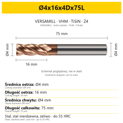 VERSAMILL TiSiN Z4 end mill Ø4x16x4Dx75L — variant dimensions