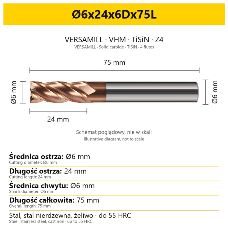 Frez VERSAMILL TiSiN Z4 Ø6x24x6Dx75L — wymiary wariantu