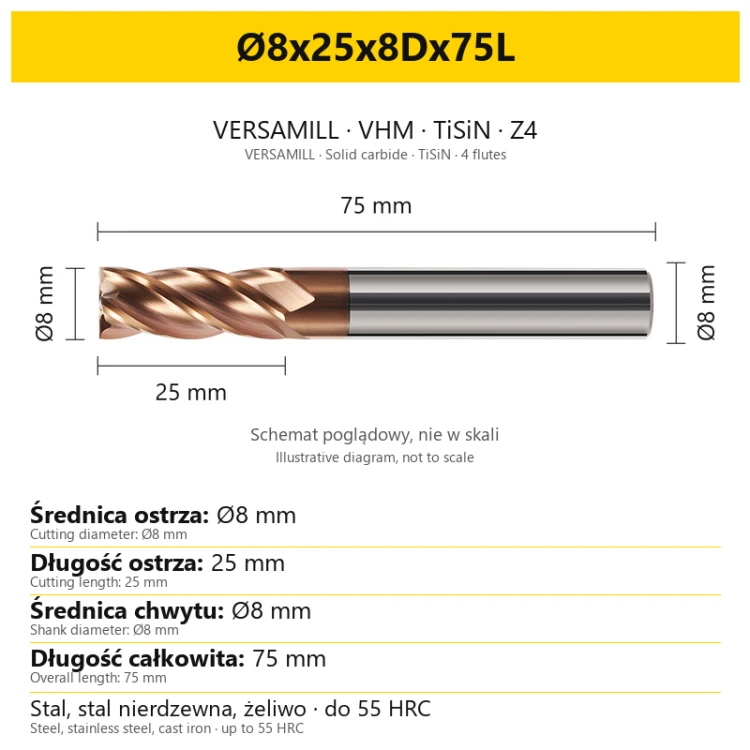 VERSAMILL TiSiN Z4 end mill Ø8x25x8Dx75L — variant dimensions