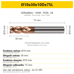 Frez VERSAMILL TiSiN Z4 Ø10x30x10Dx75L — wymiary wariantu