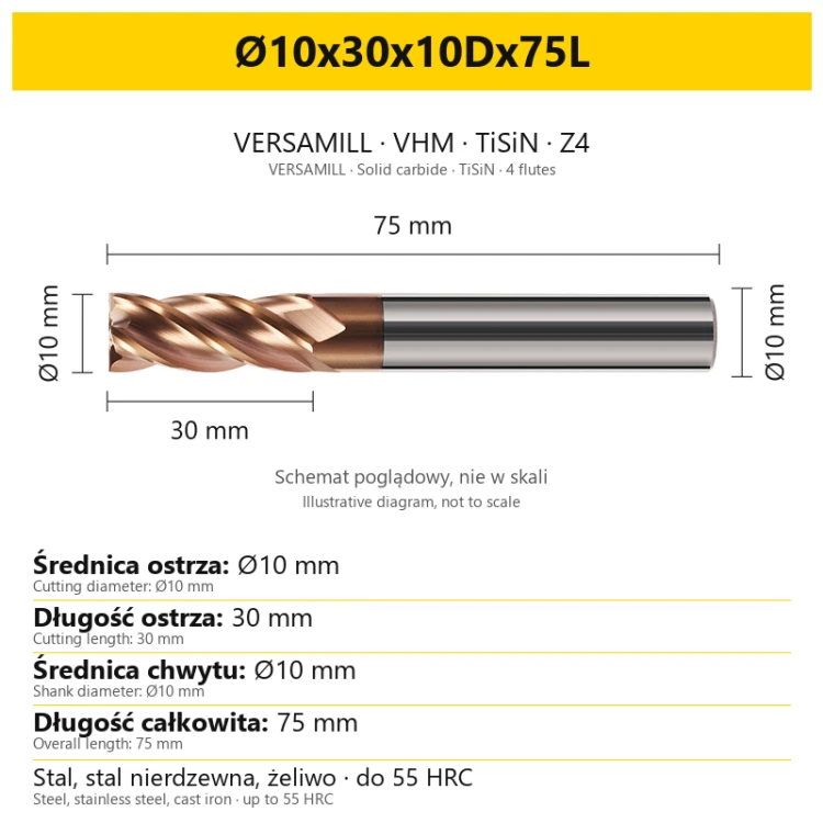 VERSAMILL TiSiN Z4 end mill Ø10x30x10Dx75L — variant dimensions
