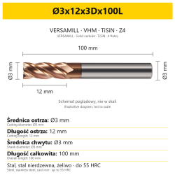 VERSAMILL TiSiN Z4 end mill Ø3x12x3Dx100L — variant dimensions