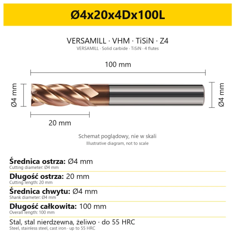 VERSAMILL TiSiN Z4 end mill Ø4x20x4Dx100L — variant dimensions