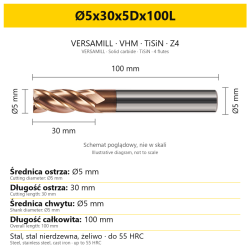 VERSAMILL TiSiN Z4 end mill Ø5x30x5Dx100L — variant dimensions