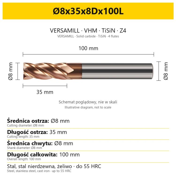 Frez VERSAMILL TiSiN Z4 Ø8x35x8Dx100L — wymiary wariantu