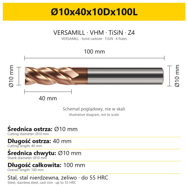Frez VERSAMILL TiSiN Z4 Ø10x40x10Dx100L — wymiary wariantu