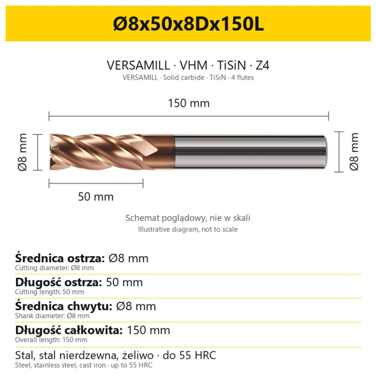 VERSAMILL TiSiN Z4 end mill Ø8x50x8Dx150L — variant dimensions