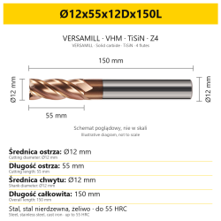 VERSAMILL TiSiN Z4 end mill Ø12x55x12Dx150L — variant dimensions