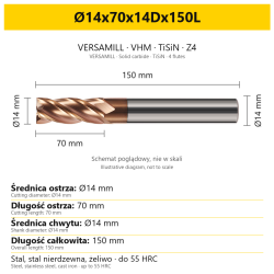Frez VERSAMILL TiSiN Z4 Ø14x70x14Dx150L — wymiary wariantu