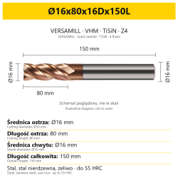 Frez VERSAMILL TiSiN Z4 Ø16x80x16Dx150L — wymiary wariantu