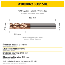 VERSAMILL TiSiN Z4 end mill Ø18x80x18Dx150L — variant dimensions