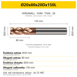 Frez VERSAMILL TiSiN Z4 Ø20x80x20Dx150L — wymiary wariantu