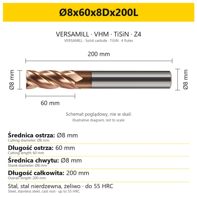 Frez VERSAMILL TiSiN Z4 Ø8x60x8Dx200L — wymiary wariantu