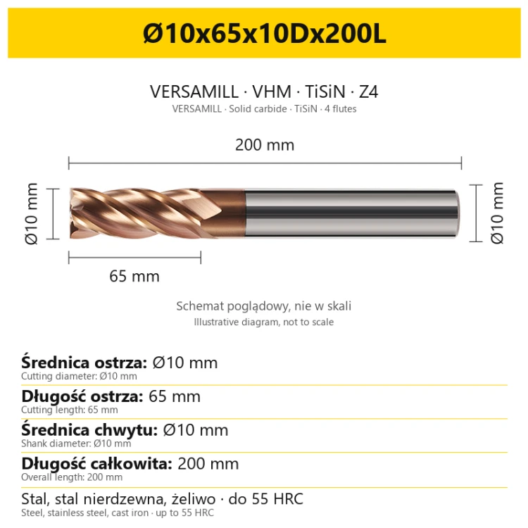 Frez VERSAMILL TiSiN Z4 Ø10x65x10Dx200L — wymiary wariantu