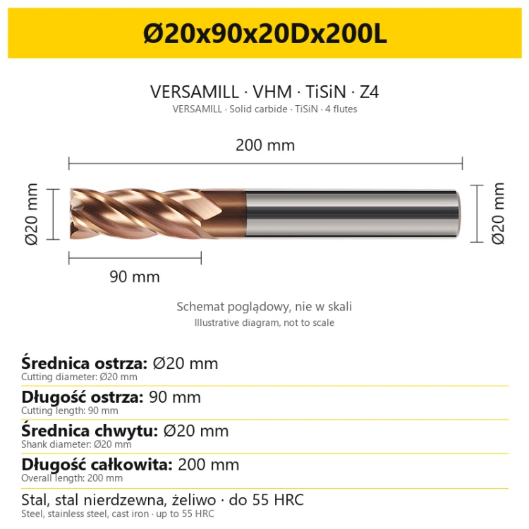 Frez VERSAMILL TiSiN Z4 Ø20x90x20Dx200L — wymiary wariantu