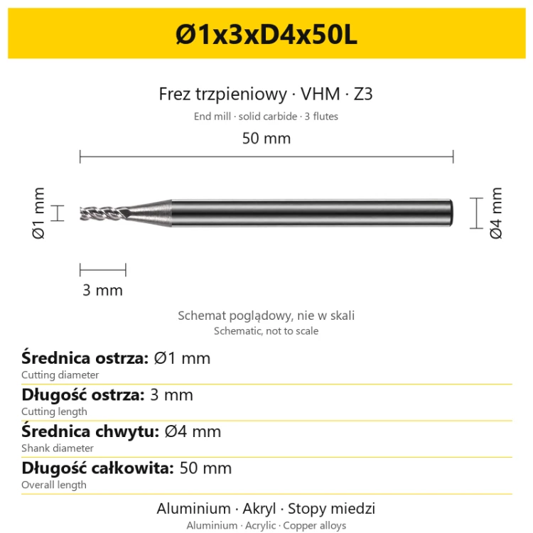 TriMill AL VHM Z3 Ø1x3xD4x50L