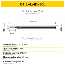 2-flute solid carbide end mill for aluminium — Ø1.5x4x4Dx50L