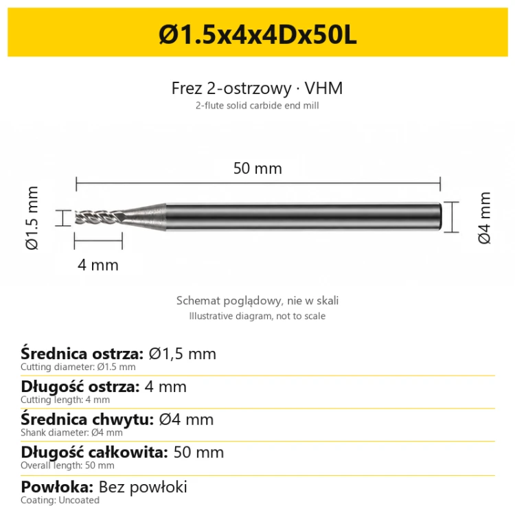 2-flute solid carbide end mill for aluminium — Ø1.5x4x4Dx50L