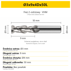 2-flute solid carbide end mill for aluminium — Ø3x9x4Dx50L