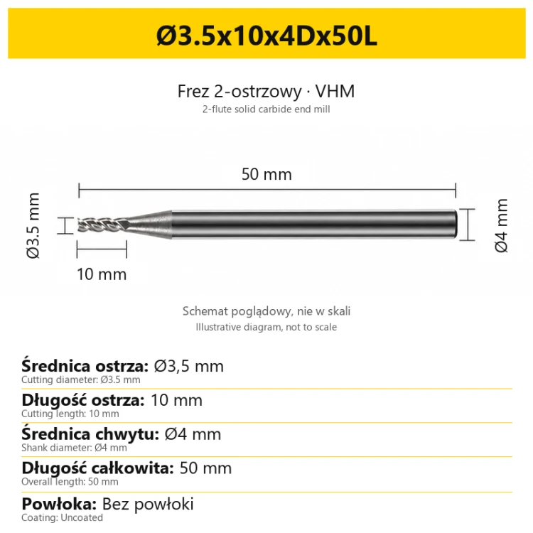 Frez 2-ostrzowy VHM do aluminium — Ø3.5x10x4Dx50L