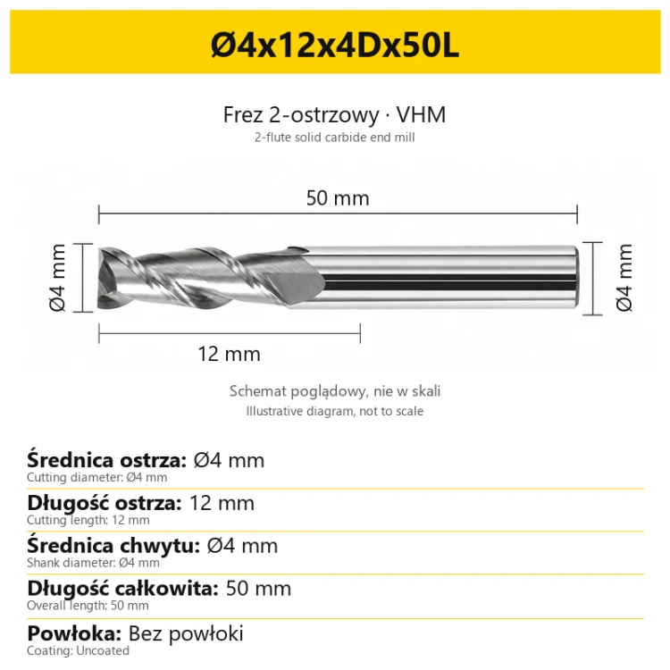 Frez 2-ostrzowy VHM do aluminium — Ø4x12x4Dx50L