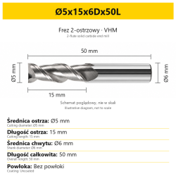 2-flute solid carbide end mill for aluminium — Ø5x15x6Dx50L
