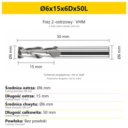 Frez 2-ostrzowy VHM do aluminium — Ø6x15x6Dx50L
