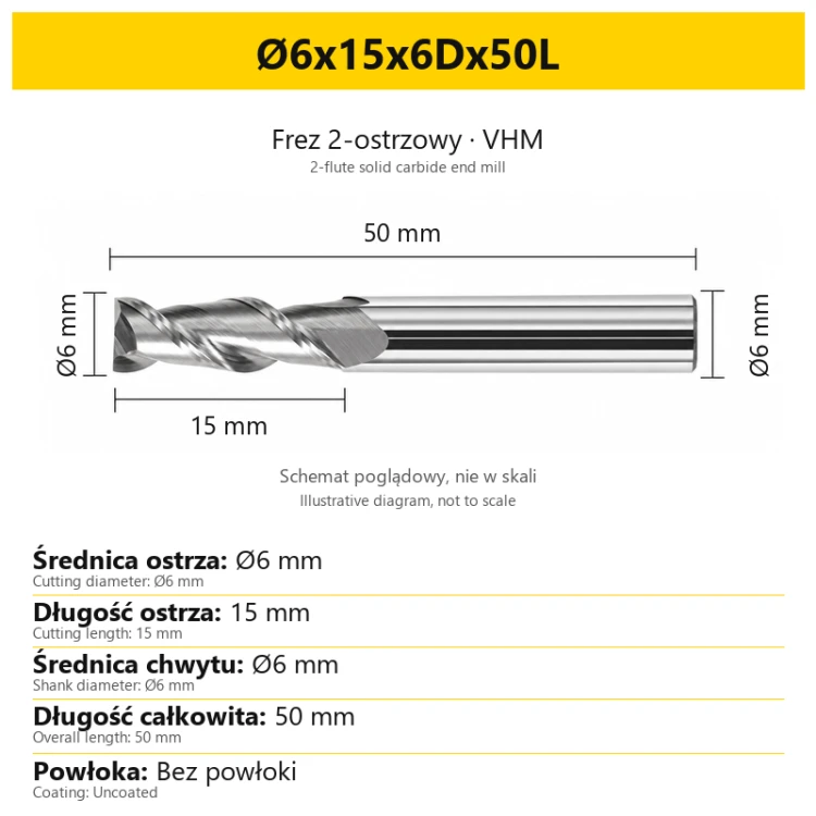 2-flute solid carbide end mill for aluminium — Ø6x15x6Dx50L