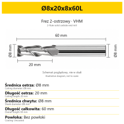 2-flute solid carbide end mill for aluminium — Ø8x20x8x60L