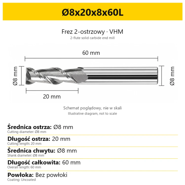 Frez 2-ostrzowy VHM do aluminium — Ø8x20x8x60L