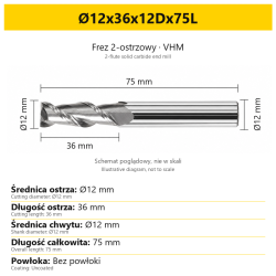 2-flute solid carbide end mill for aluminium — Ø12x36x12Dx75L