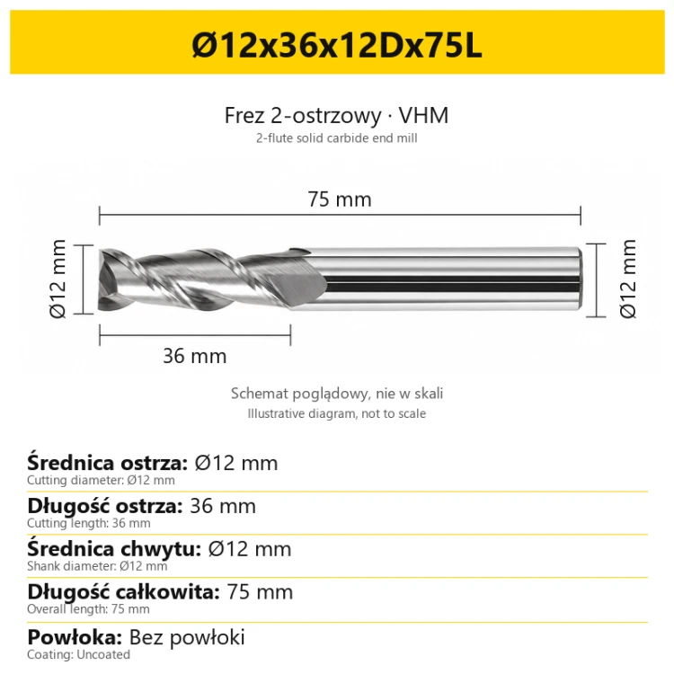 2-flute solid carbide end mill for aluminium — Ø12x36x12Dx75L
