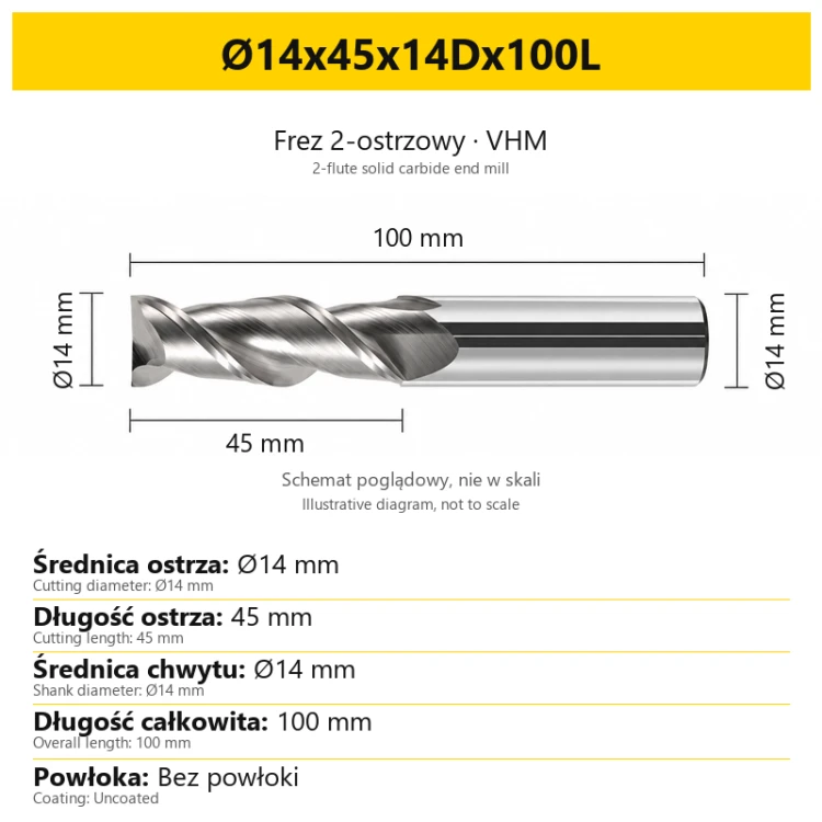 2-flute solid carbide end mill for aluminium — Ø14x45x14Dx100L