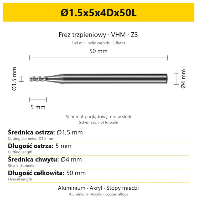 TriMill AL VHM Z3 Ø1.5x5x4Dx50L