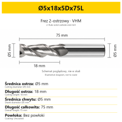 2-flute solid carbide end mill for aluminium — Ø5x18x5Dx75L