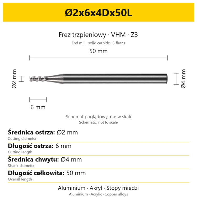 TriMill AL VHM Z3 Ø2x6x4Dx50L