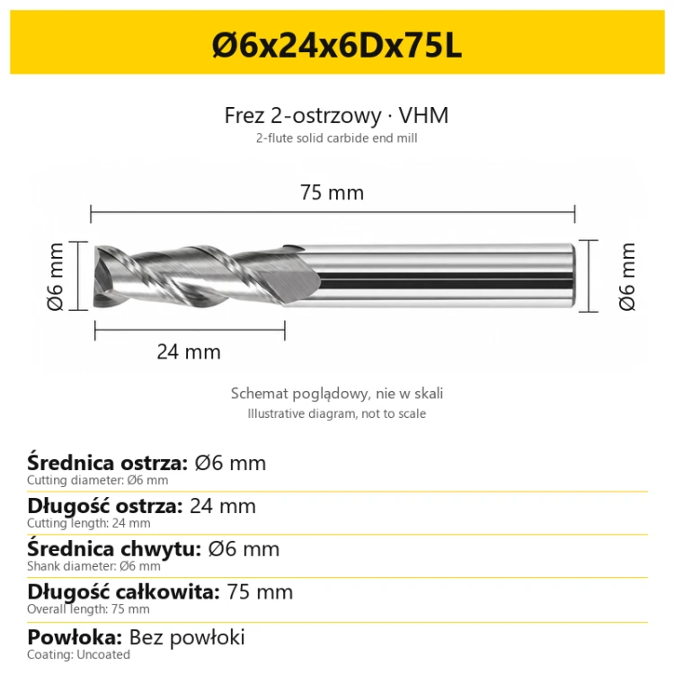 2-flute solid carbide end mill for aluminium — Ø6x24x6Dx75L