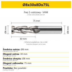 2-flute solid carbide end mill for aluminium — Ø8x30x8Dx75L