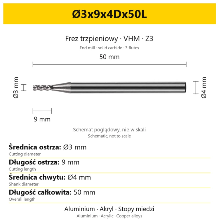 TriMill AL VHM Z3 Ø3x9x4Dx50L