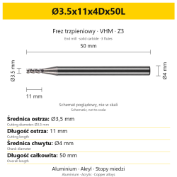 TriMill AL VHM Z3 Ø3.5x11x4Dx50L