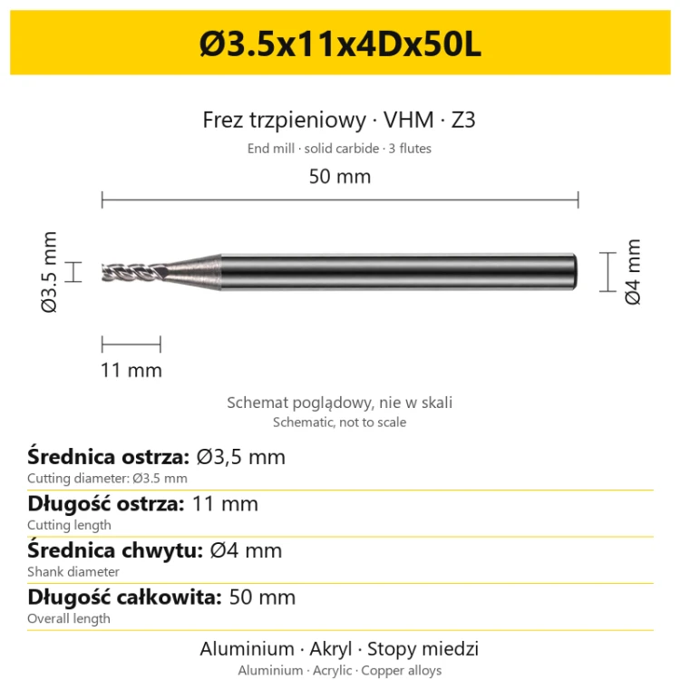 TriMill AL VHM Z3 Ø3.5x11x4Dx50L