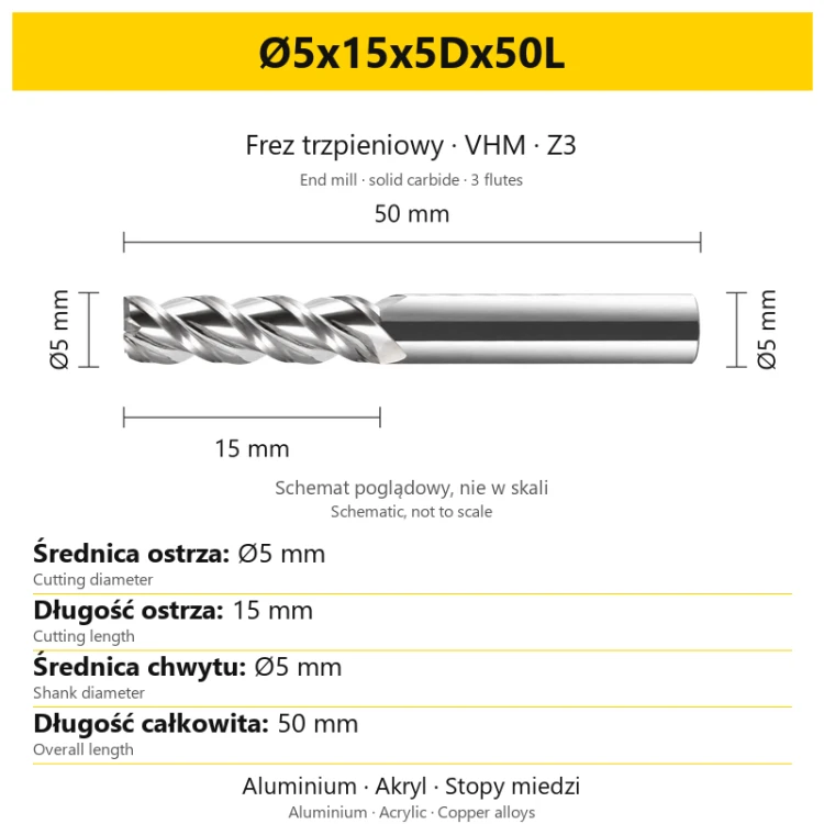 TriMill AL VHM Z3 Ø5x15x5Dx50L