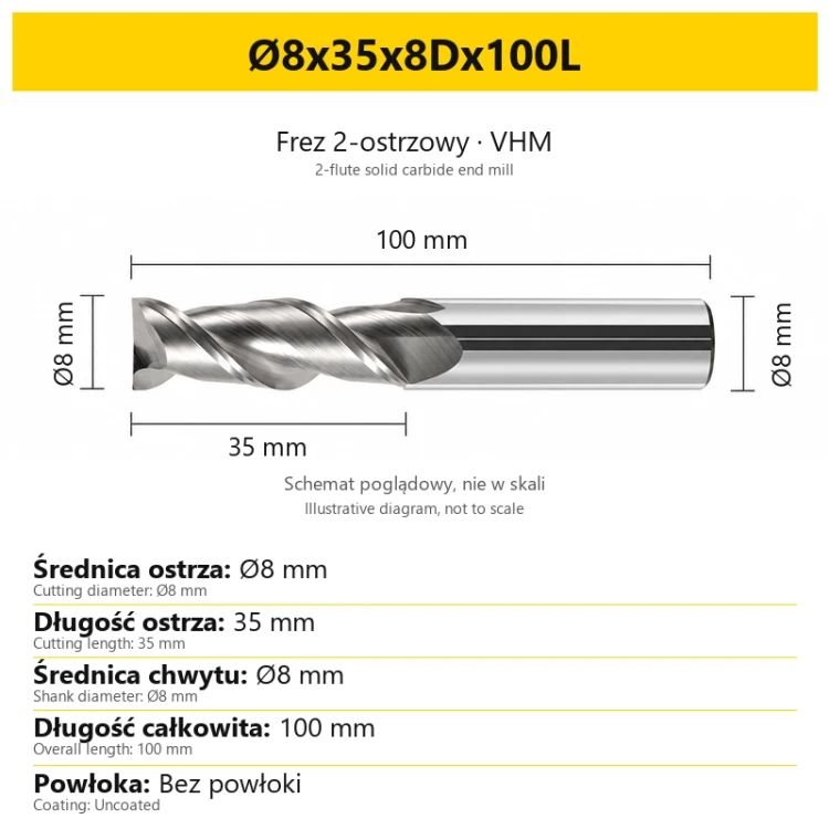 Frez 2-ostrzowy VHM do aluminium — Ø8x35x8Dx100L