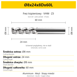 TriMill AL VHM Z3 Ø8x24x8Dx60L