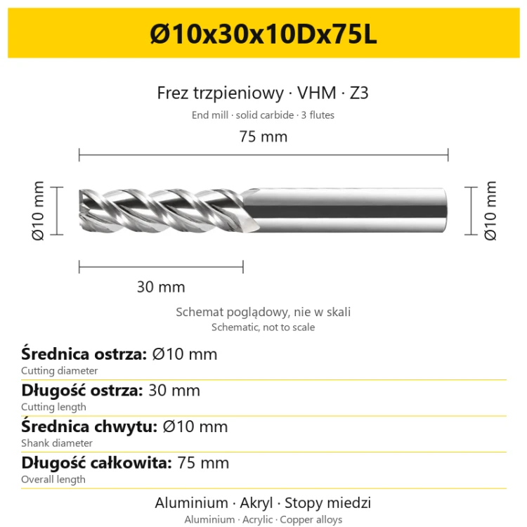 TriMill AL VHM Z3 Ø10x30x10Dx75L